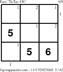 The grouppuzzles.com Easy TicTac-456 puzzle for Monday November 17, 2025, suitable for printing, with all 2 steps marked