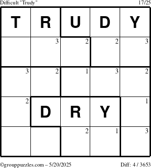The grouppuzzles.com Difficult Trudy puzzle for Tuesday May 20, 2025 with the first 3 steps marked
