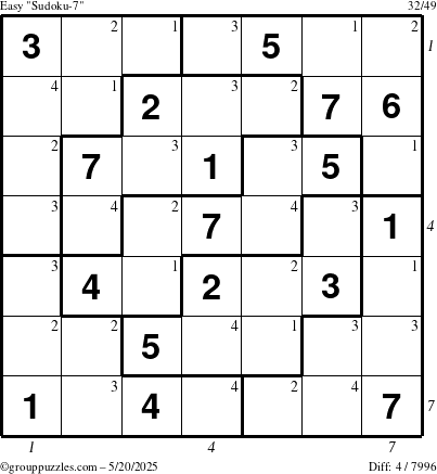 The grouppuzzles.com Easy Sudoku-7 puzzle for Tuesday May 20, 2025 with all 4 steps marked