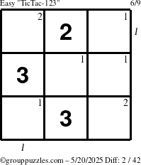 The grouppuzzles.com Easy TicTac-123 puzzle for Tuesday May 20, 2025 with all 2 steps marked