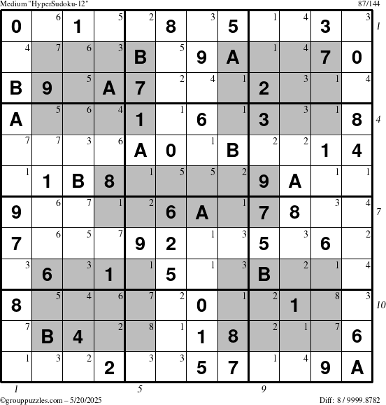 The grouppuzzles.com Medium HyperSudoku-12 puzzle for Tuesday May 20, 2025, suitable for printing, with all 8 steps marked
