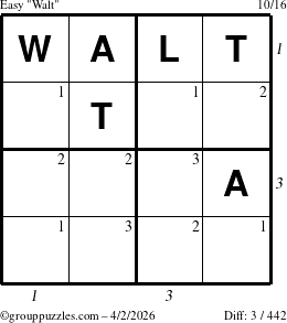 The grouppuzzles.com Easy Walt puzzle for Thursday April 2, 2026 with all 3 steps marked