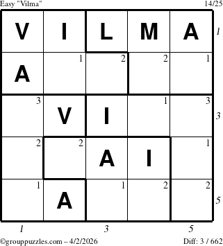 The grouppuzzles.com Easy Vilma puzzle for Thursday April 2, 2026 with all 3 steps marked