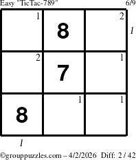 The grouppuzzles.com Easy TicTac-789 puzzle for Thursday April 2, 2026, suitable for printing, with all 2 steps marked