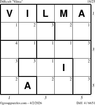 The grouppuzzles.com Difficult Vilma puzzle for Thursday April 2, 2026 with all 4 steps marked