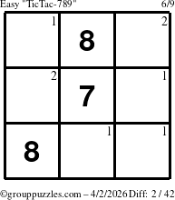 The grouppuzzles.com Easy TicTac-789 puzzle for Thursday April 2, 2026 with the first 2 steps marked