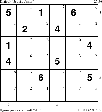 The grouppuzzles.com Difficult Sudoku-Junior puzzle for Thursday April 2, 2026 with all 8 steps marked