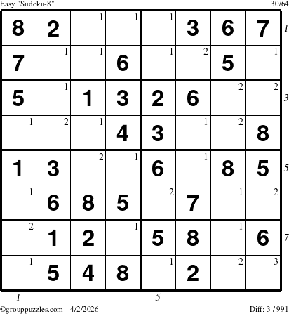 The grouppuzzles.com Easy Sudoku-8 puzzle for Thursday April 2, 2026, suitable for printing, with all 3 steps marked