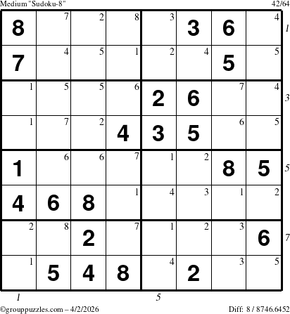 The grouppuzzles.com Medium Sudoku-8 puzzle for Thursday April 2, 2026, suitable for printing, with all 8 steps marked