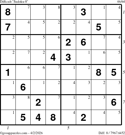The grouppuzzles.com Difficult Sudoku-8 puzzle for Thursday April 2, 2026, suitable for printing, with all 8 steps marked