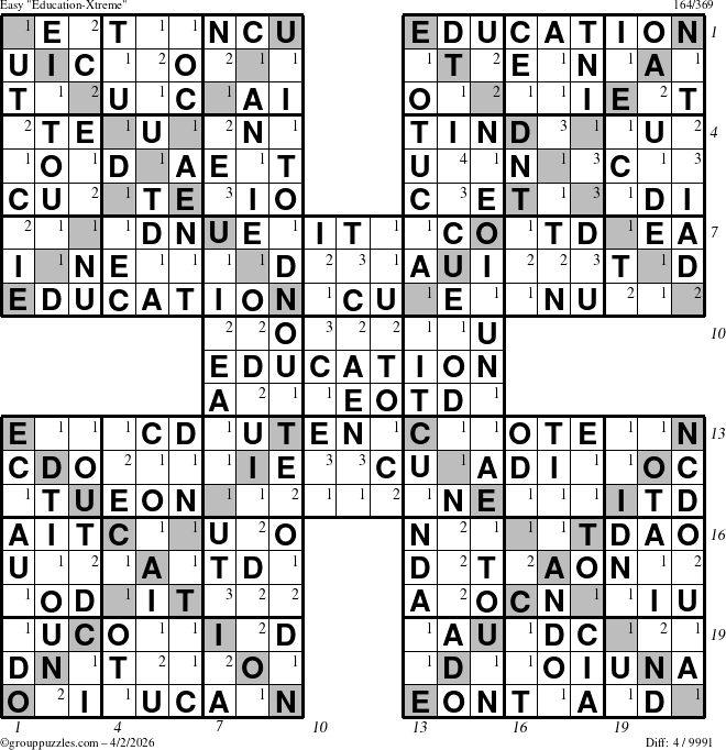 The grouppuzzles.com Easy Education-Xtreme puzzle for Thursday April 2, 2026, suitable for printing, with all 4 steps marked