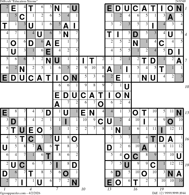 The grouppuzzles.com Difficult Education-Xtreme puzzle for Thursday April 2, 2026 with all 12 steps marked