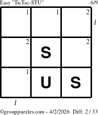 The grouppuzzles.com Easy TicTac-STU puzzle for Thursday April 2, 2026, suitable for printing, with all 2 steps marked
