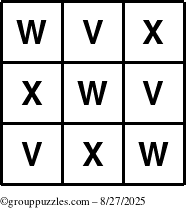 The grouppuzzles.com Answer grid for the TicTac-VWX puzzle for Wednesday August 27, 2025