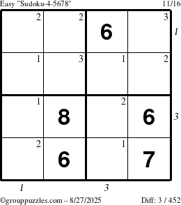 The grouppuzzles.com Easy Sudoku-4-5678 puzzle for Wednesday August 27, 2025 with all 3 steps marked