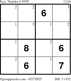 The grouppuzzles.com Easy Sudoku-4-5678 puzzle for Wednesday August 27, 2025 with the first 3 steps marked