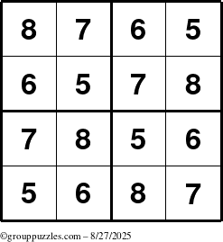 The grouppuzzles.com Answer grid for the Sudoku-4-5678 puzzle for Wednesday August 27, 2025