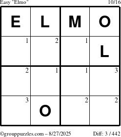 The grouppuzzles.com Easy Elmo puzzle for Wednesday August 27, 2025 with the first 3 steps marked