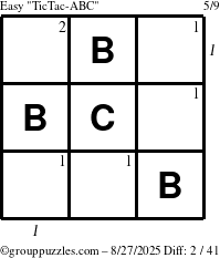 The grouppuzzles.com Easy TicTac-ABC puzzle for Wednesday August 27, 2025 with all 2 steps marked