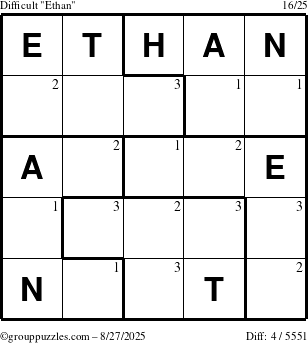 The grouppuzzles.com Difficult Ethan puzzle for Wednesday August 27, 2025 with the first 3 steps marked
