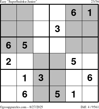 The grouppuzzles.com Easy SuperSudoku-Junior puzzle for Wednesday August 27, 2025