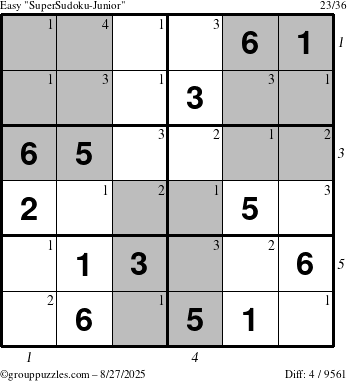 The grouppuzzles.com Easy SuperSudoku-Junior puzzle for Wednesday August 27, 2025 with all 4 steps marked