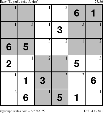 The grouppuzzles.com Easy SuperSudoku-Junior puzzle for Wednesday August 27, 2025 with the first 3 steps marked