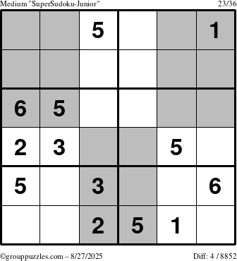 The grouppuzzles.com Medium SuperSudoku-Junior puzzle for Wednesday August 27, 2025