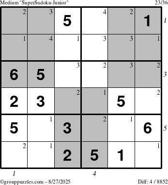 The grouppuzzles.com Medium SuperSudoku-Junior puzzle for Wednesday August 27, 2025 with all 4 steps marked