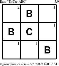 The grouppuzzles.com Easy TicTac-ABC puzzle for Wednesday August 27, 2025 with the first 2 steps marked