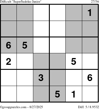 The grouppuzzles.com Difficult SuperSudoku-Junior puzzle for Wednesday August 27, 2025