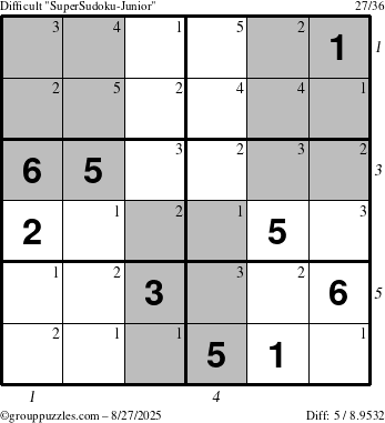 The grouppuzzles.com Difficult SuperSudoku-Junior puzzle for Wednesday August 27, 2025 with all 5 steps marked