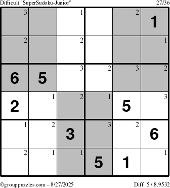 The grouppuzzles.com Difficult SuperSudoku-Junior puzzle for Wednesday August 27, 2025 with the first 3 steps marked