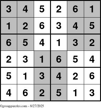 The grouppuzzles.com Answer grid for the SuperSudoku-Junior puzzle for Wednesday August 27, 2025