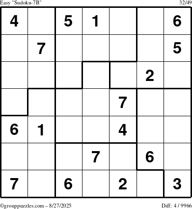 The grouppuzzles.com Easy Sudoku-7B puzzle for Wednesday August 27, 2025