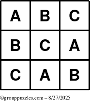 The grouppuzzles.com Answer grid for the TicTac-ABC puzzle for Wednesday August 27, 2025
