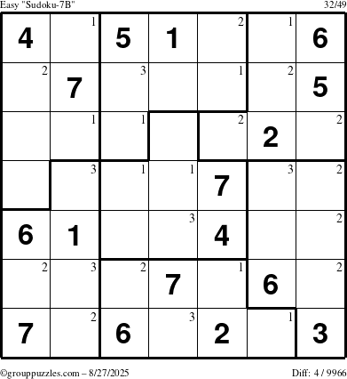 The grouppuzzles.com Easy Sudoku-7B puzzle for Wednesday August 27, 2025 with the first 3 steps marked