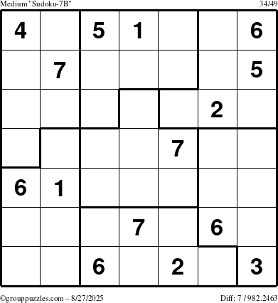 The grouppuzzles.com Medium Sudoku-7B puzzle for Wednesday August 27, 2025