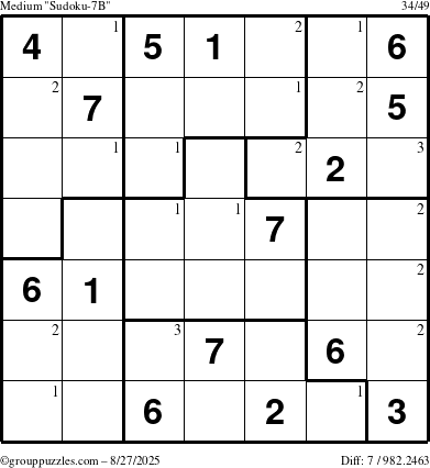 The grouppuzzles.com Medium Sudoku-7B puzzle for Wednesday August 27, 2025 with the first 3 steps marked