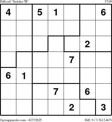 The grouppuzzles.com Difficult Sudoku-7B puzzle for Wednesday August 27, 2025
