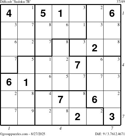 The grouppuzzles.com Difficult Sudoku-7B puzzle for Wednesday August 27, 2025, suitable for printing, with all 9 steps marked