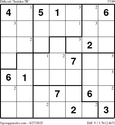 The grouppuzzles.com Difficult Sudoku-7B puzzle for Wednesday August 27, 2025 with the first 3 steps marked