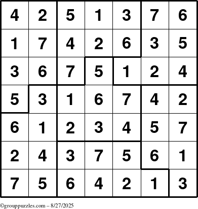 The grouppuzzles.com Answer grid for the Sudoku-7B puzzle for Wednesday August 27, 2025