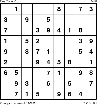 The grouppuzzles.com Easy Sudoku puzzle for Wednesday August 27, 2025