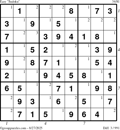 The grouppuzzles.com Easy Sudoku puzzle for Wednesday August 27, 2025, suitable for printing, with all 3 steps marked