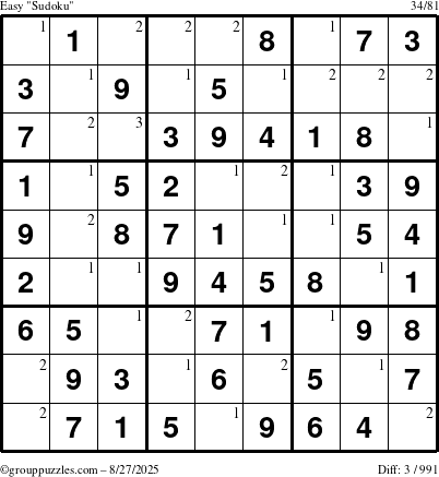 The grouppuzzles.com Easy Sudoku puzzle for Wednesday August 27, 2025 with the first 3 steps marked
