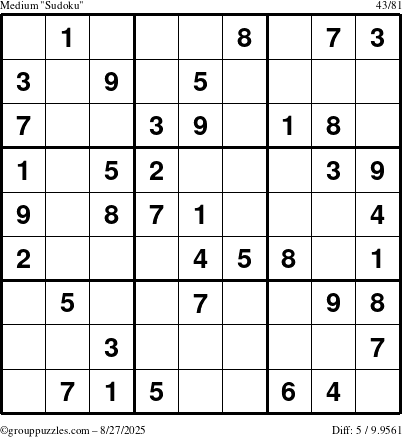 The grouppuzzles.com Medium Sudoku puzzle for Wednesday August 27, 2025