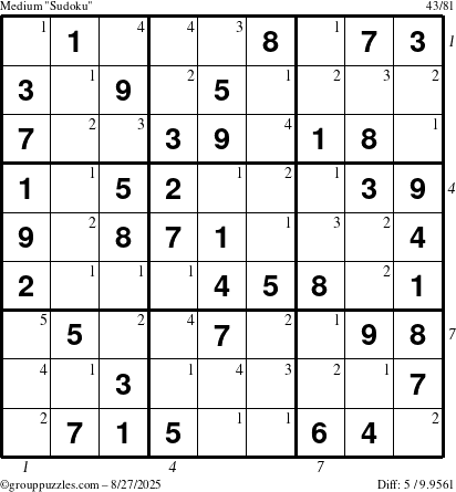 The grouppuzzles.com Medium Sudoku puzzle for Wednesday August 27, 2025, suitable for printing, with all 5 steps marked