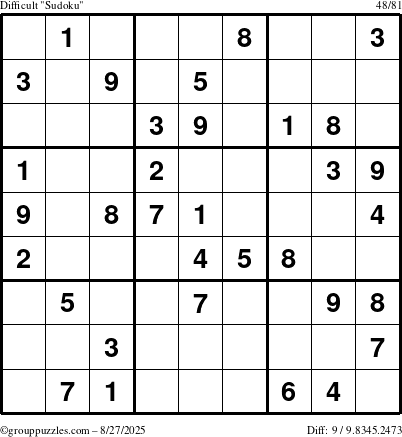 The grouppuzzles.com Difficult Sudoku puzzle for Wednesday August 27, 2025