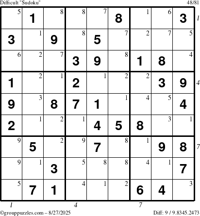 The grouppuzzles.com Difficult Sudoku puzzle for Wednesday August 27, 2025 with all 9 steps marked